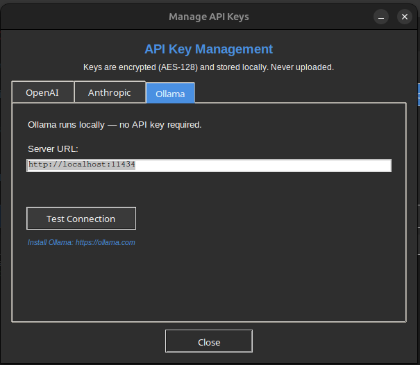 API key management dialog